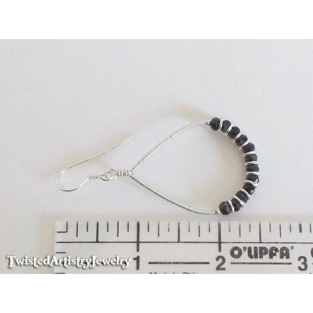 Black Crystals and Silver Wire Wrapped Teardrop Hoop Earrings Handmade - Picture 3 of 3